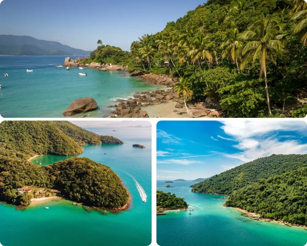 Mosa&iuml;que de paysages de la Costa Verde au Br&eacute;sil : plage rocheuse bord&eacute;e de palmiers, &icirc;les verdoyantes vues du ciel et baie turquoise encadr&eacute;e de for&ecirc;t tropicale