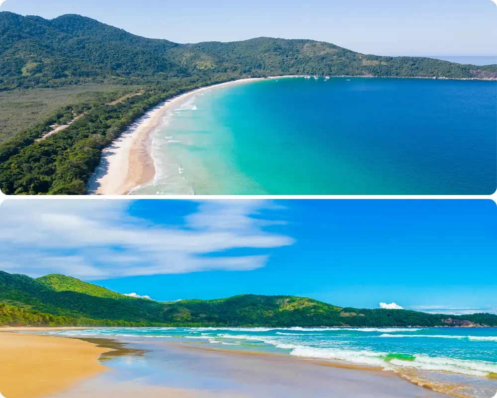 Plage de Lopes Mendes au Br&eacute;sil, vue a&eacute;rienne d&rsquo;une baie sauvage bord&eacute;e de sable blanc et d&rsquo;une eau turquoise cristalline, entour&eacute;e de collines verdoyantes sur l&rsquo;&icirc;le d&rsquo;Ilha Grande.