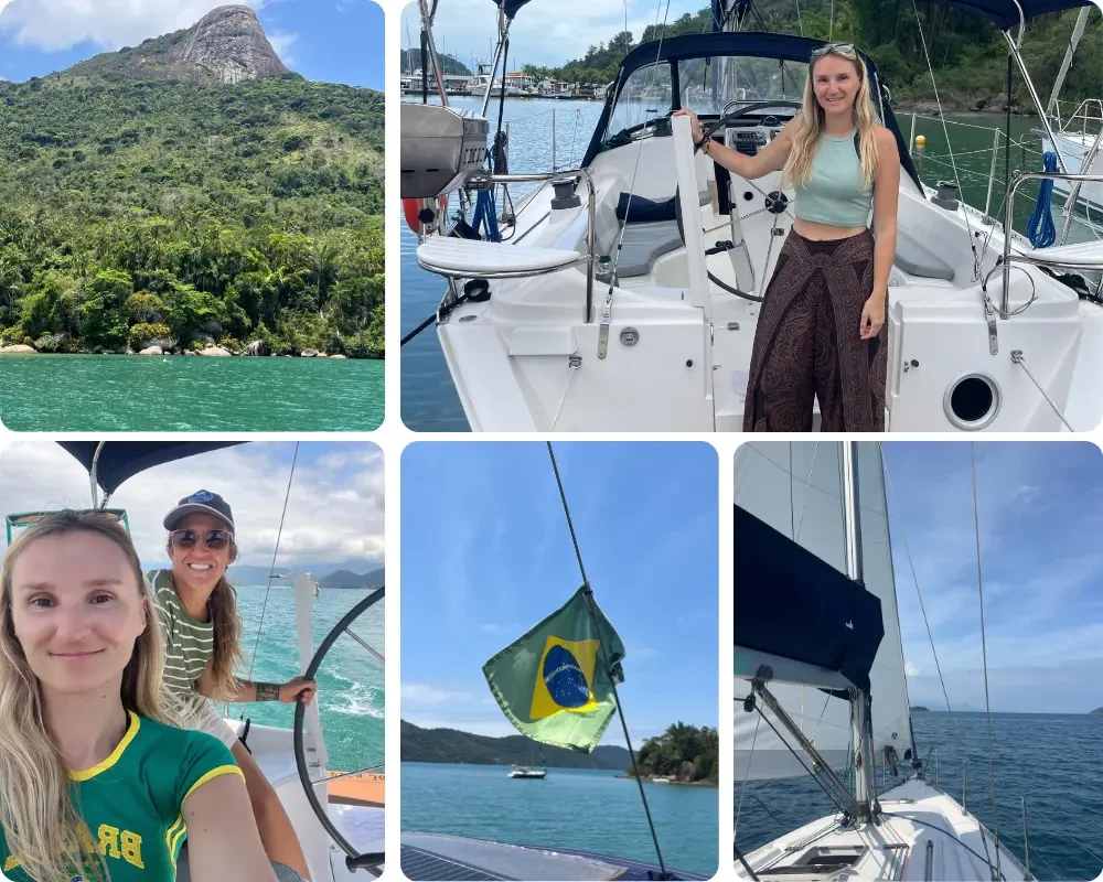 Mosa&iuml;que de photos d&rsquo;une croisi&egrave;re en voilier au Br&eacute;sil sur la Costa Verde : paysages de jungle tropicale, navigation en mer turquoise, &eacute;quipage &agrave; bord d&rsquo;un voilier Delta 365, drapeau br&eacute;silien et t&eacute;moignage d&rsquo;une experte Filovent &agrave; Paraty et Ilha Grande.