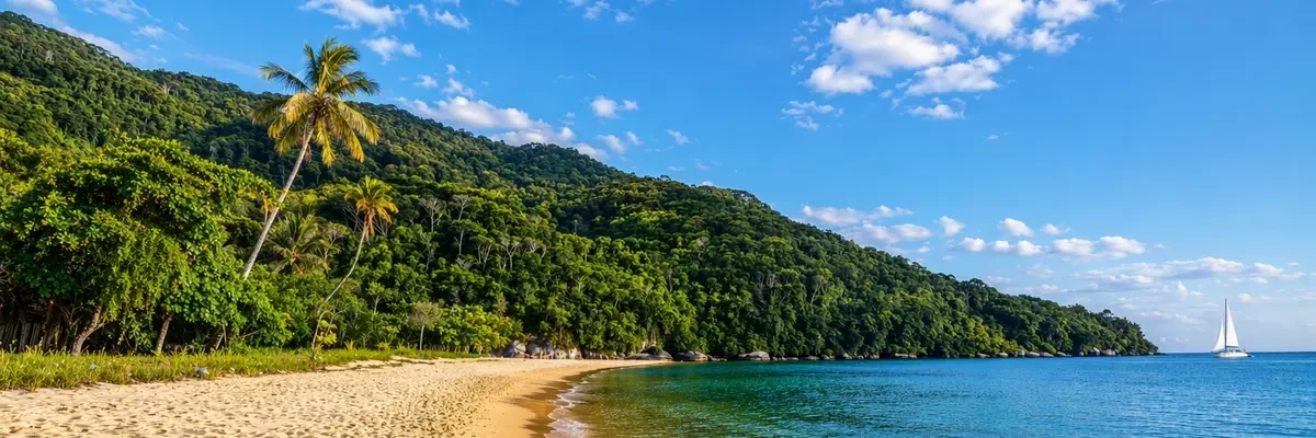 Plage tropicale bordée de palmiers et jungle luxuriante, eau turquoise calme avec voilier au mouillage, destination idéale pour une croisière en voilier ou catamaran au Brésil.