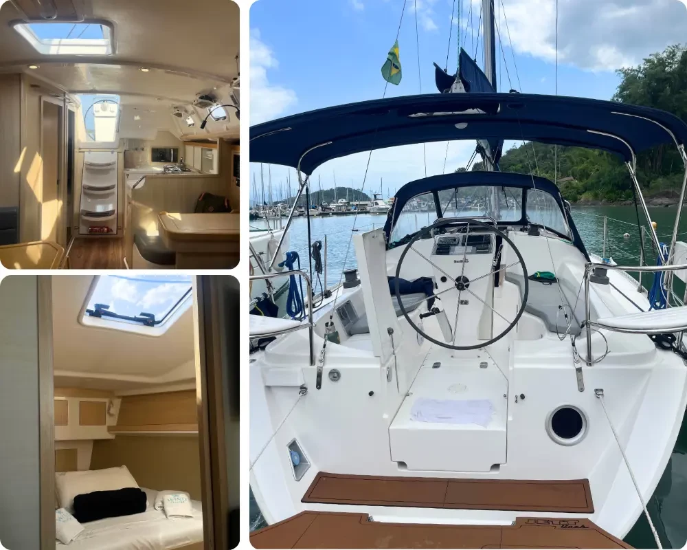 Mosa&iuml;que du voilier Delta 365 au Br&eacute;sil : cockpit et poste de barre en marina &agrave; Paraty, int&eacute;rieur lumineux avec carr&eacute; et cuisine &eacute;quip&eacute;e, cabine confortable, id&eacute;al pour une croisi&egrave;re sur la Costa Verde entre Ilha Grande et jungle tropicale.