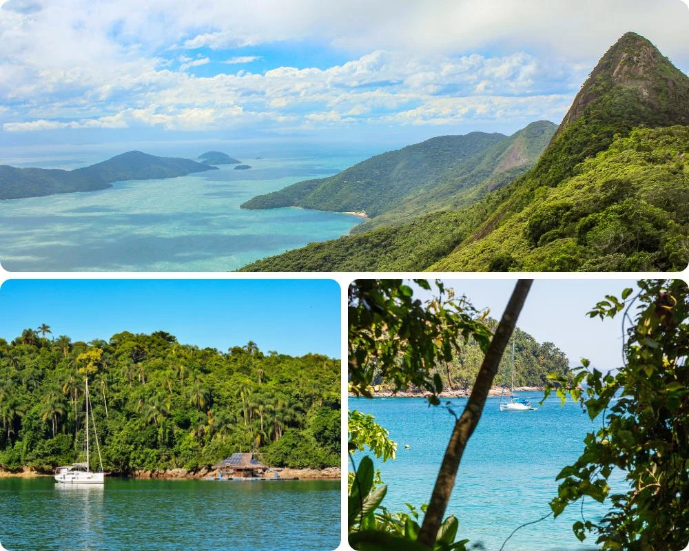 Mosa&iuml;que de la Costa Verde au Br&eacute;sil : panoramas entre montagnes couvertes de jungle et eaux turquoise, voiliers au mouillage dans des baies sauvages pr&egrave;s de Paraty et Ilha Grande, destination id&eacute;ale pour une croisi&egrave;re tropicale.