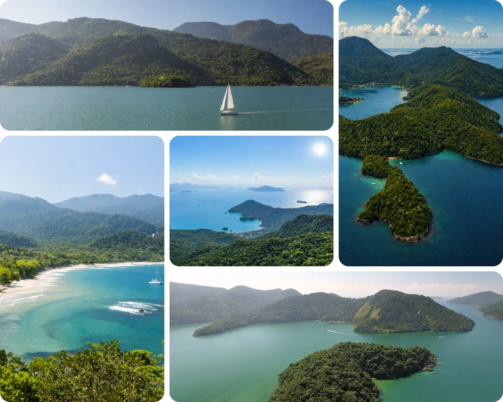 Mosa&iuml;que de paysages tropicaux au Br&eacute;sil : vues a&eacute;riennes de la Costa Verde, &icirc;les luxuriantes, plages de sable blanc et eaux turquoise, avec voiliers en navigation et mouillages paisibles en pleine nature.