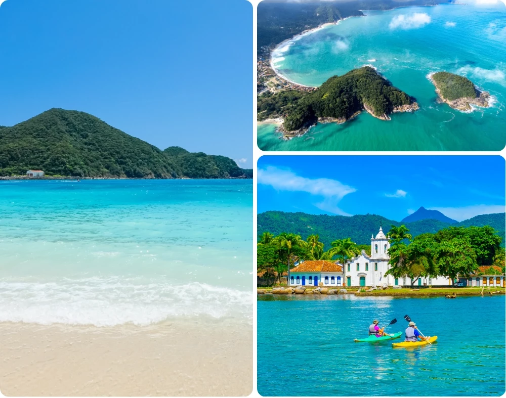 Mosa&iuml;que de paysages de la Costa Verde au Br&eacute;sil : plage de sable fin aux eaux turquoise, &icirc;lots tropicaux vus du ciel et village colonial de Paraty avec &eacute;glise en bord de mer, kayakistes naviguant dans une baie entour&eacute;e de jungle.