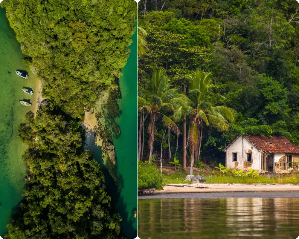 Mosa&iuml;que de la Costa Verde au Br&eacute;sil : vue a&eacute;rienne d&rsquo;une crique sauvage avec voiliers au mouillage dans une eau turquoise, et maison traditionnelle en bord de plage entour&eacute;e de jungle tropicale pr&egrave;s de Paraty et Ilha Grande.
