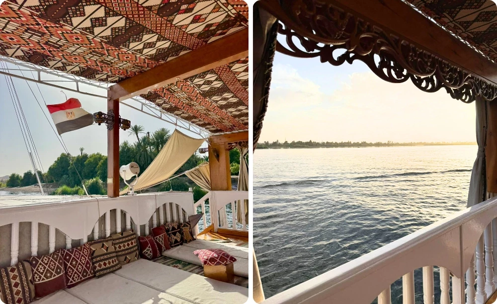 Pont supérieur de la dahabieh Amoura sur le Nil : salon bédouin avec coussins, dais tissé traditionnel et vue sur les rives au coucher du soleil