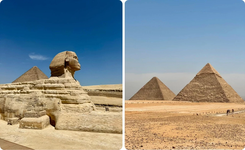 Le Sphinx de Gizeh et les pyramides de Khéops, Khéphren et Mykérinos sous un ciel bleu, site archéologique près du Caire en Égypte