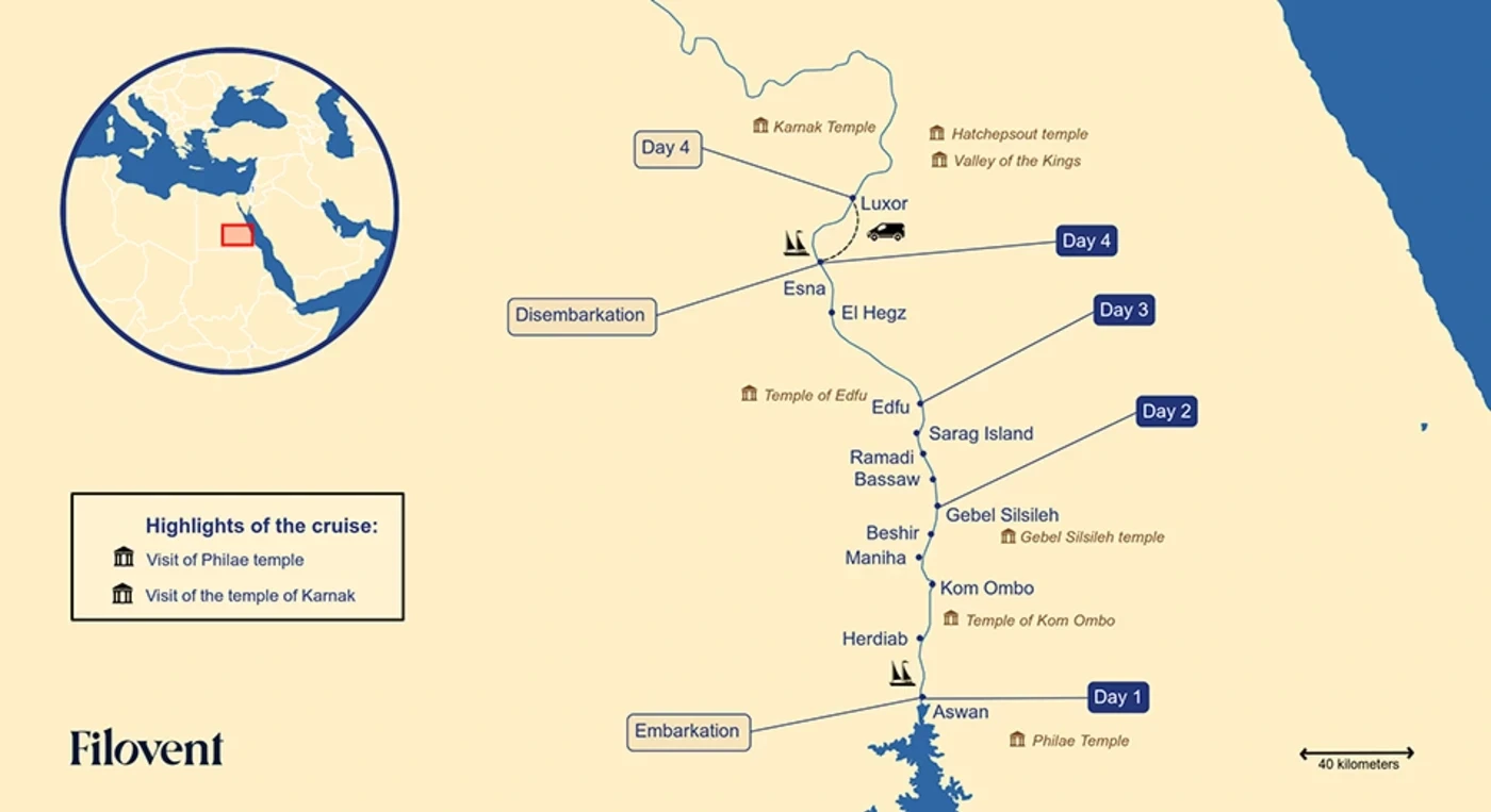 Carte de l'itinéraire de 12 jours en Égypte entre Le Caire, Assouan, Louxor et Hurghada : croisière de 4 jours sur le Nil à bord du dahabieh Amoura entre Assouan et Esna, encadrée d'extensions terrestres au Caire et balnéaire à Hurghada
