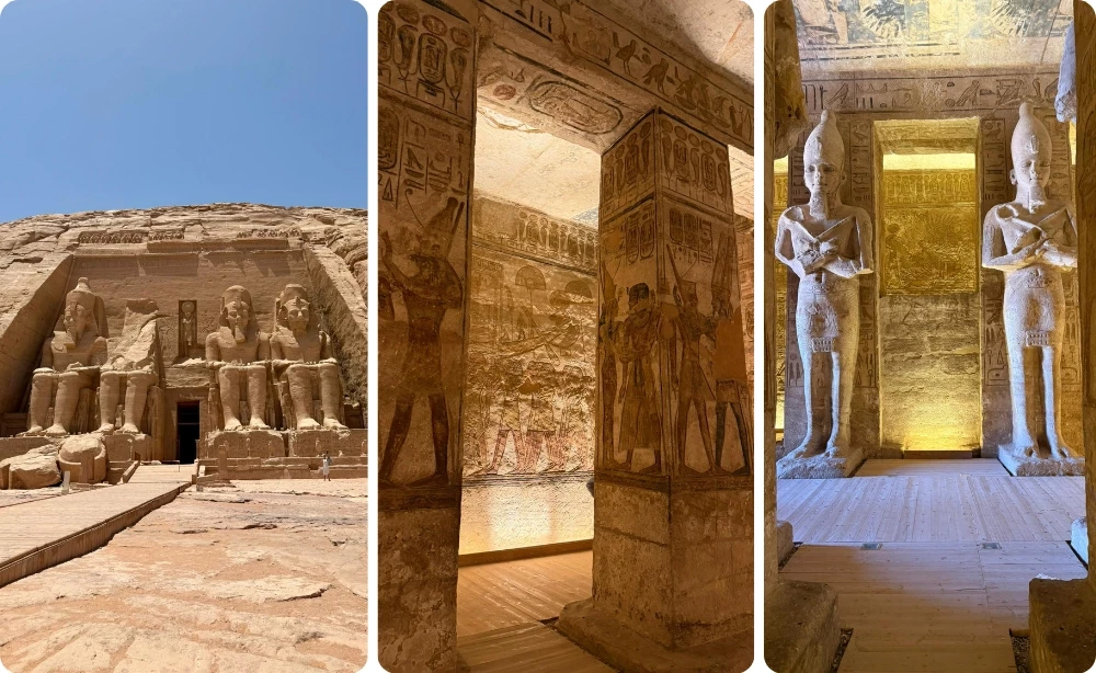 Temple d'Abou Simbel en Égypte : façade du Grand Temple de Ramsès II avec ses colosses, salle hypostyle aux bas-reliefs et piliers osiriaques