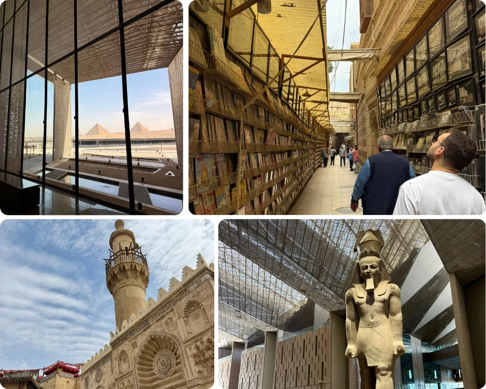 Étapes d'un voyage au Caire : pyramides de Gizeh vues du Grand Musée égyptien, marché aux livres d'Azbakeya, mosquée du Caire islamique et colosse de Ramsès II au GEM