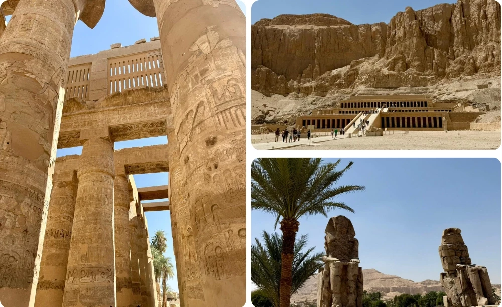 Louxor en Égypte : salle hypostyle du temple de Karnak, temple d'Hatchepsout à Deir el-Bahari et colosses de Memnon sur la rive ouest
