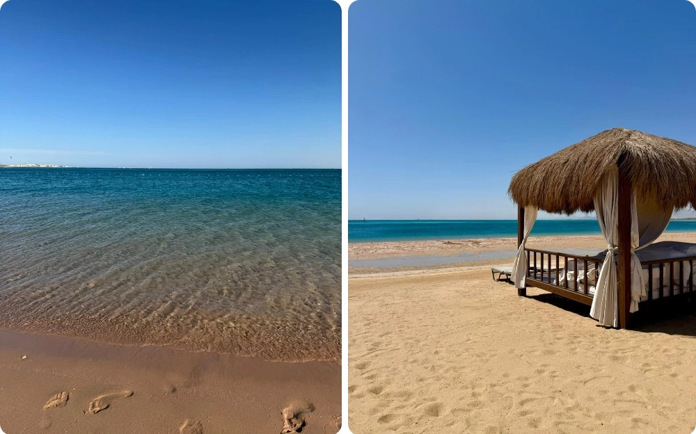 Plage de sable doré et eaux turquoise de la mer Rouge en Égypte, avec lit balnéaire à baldaquin sous un toit de chaume, séjour détente à Hurghada