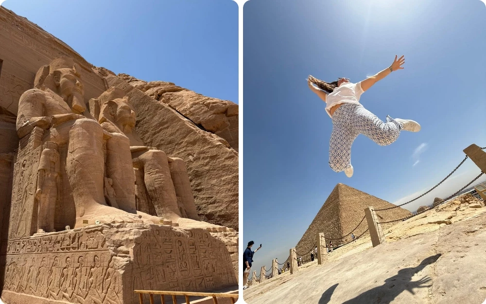 Souvenirs d'un voyage en Égypte : colosses de Ramsès II à Abou Simbel et voyageuse sautant de joie devant les pyramides de Gizeh