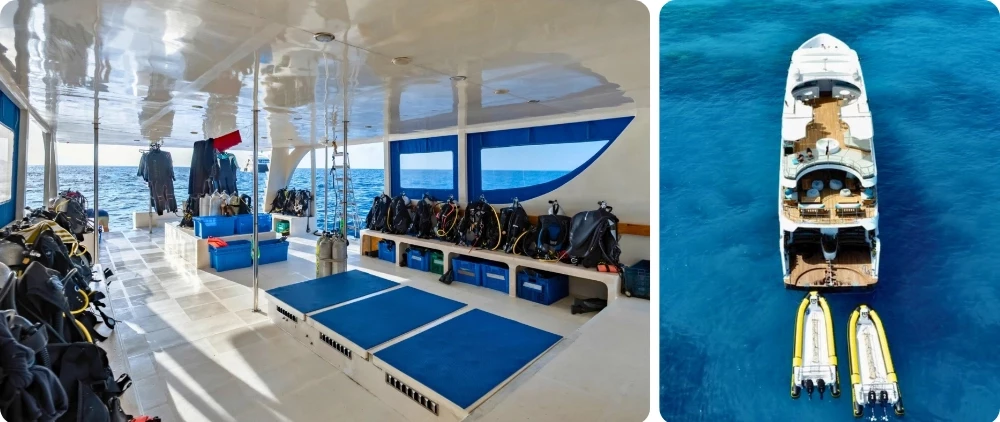 Pont de plongée équipé de blocs et combinaisons à bord d'un bateau de croisière plongée