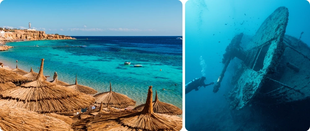 Lagon turquoise de la mer Rouge et plongeur explorant une épave sous-marine en Égypte