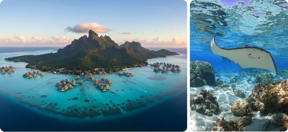 Vue aérienne du lagon turquoise et du mont Otemanu à Bora Bora et raie léopard nageant au-dessus d'un récif corallien en Polynésie française