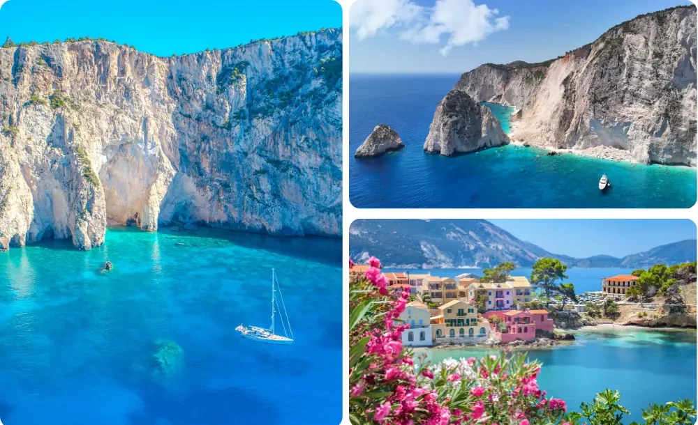 Mosaïque des Îles Ioniennes en Grèce : voilier au mouillage dans une crique aux falaises blanches et eaux turquoise, cap rocheux de Zante, et village coloré d'Assos à Céphalonie bordé de bougainvilliers