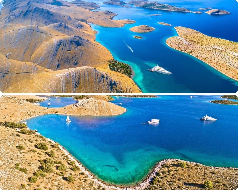 Vue aérienne du parc national des Kornati en Croatie, archipel d'îles rocheuses et arides, voiliers et yachts au mouillage dans des baies aux eaux bleu profond et turquoise