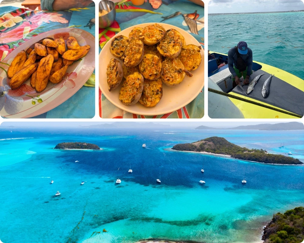 Croisière en catamaran dans les Grenadines : bananes plantain frites et christophines farcies préparées par la cuisinière, poisson frais acheté sur place et catamarans au mouillage dans les eaux turquoise des Tobago Cays