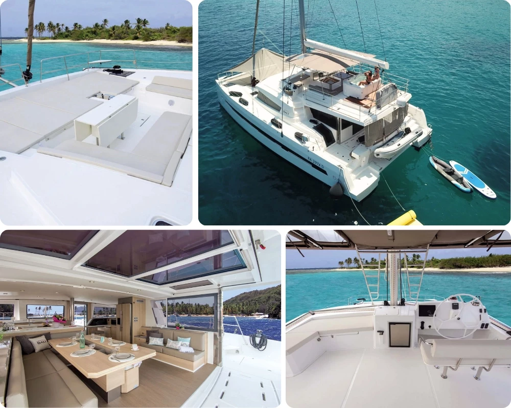 Catamaran Bali 5.4 au mouillage dans un lagon turquoise : bain de soleil avant, carré intérieur lumineux, flybridge et poste de barre