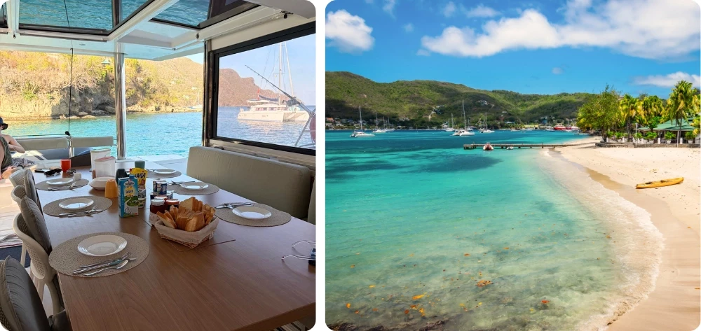 Croisière dans les Grenadines : table de petit-déjeuner dressée à bord du catamaran avec vue sur le mouillage, et plage de Bequia aux eaux turquoise