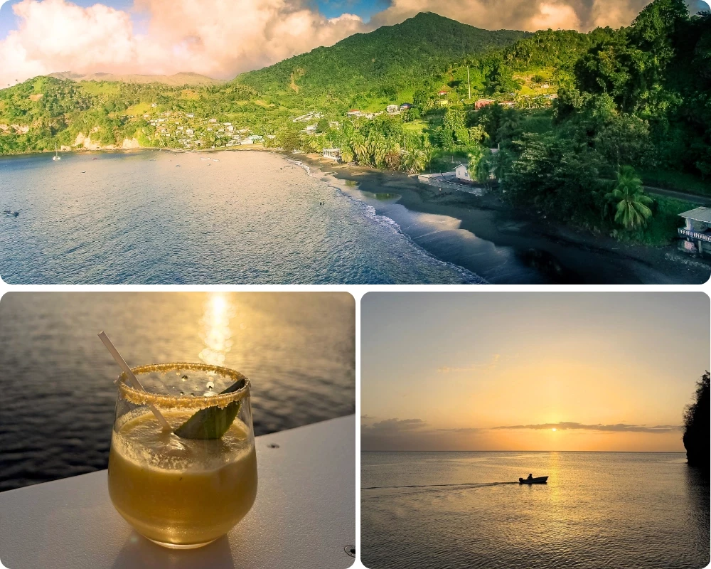 Croisière dans les Grenadines : baie de Cumberland Bay bordée de collines verdoyantes à Saint-Vincent, cocktail préparé à bord et coucher de soleil sur la mer des Caraïbes