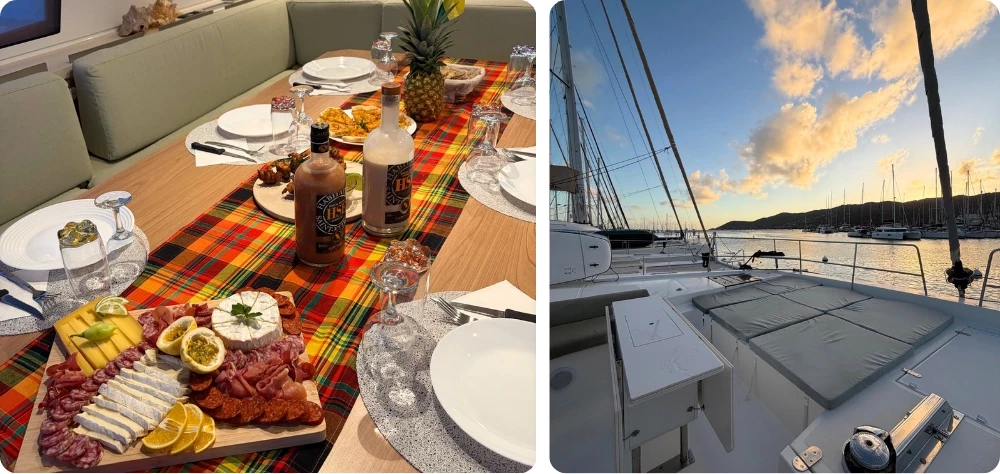 Croisière dans les Grenadines : apéritif dressé à bord d'un catamaran avec planche de charcuterie et fromages sur nappe madras, et pont du bateau au coucher de soleil dans la marina du Marin