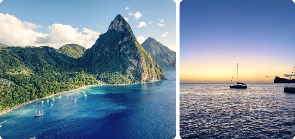 Voiliers au mouillage dans une baie de Sainte-Lucie au pied des Pitons verdoyants