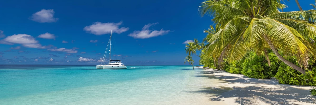 Catamaran au mouillage devant une plage de sable blanc bordée de cocotiers