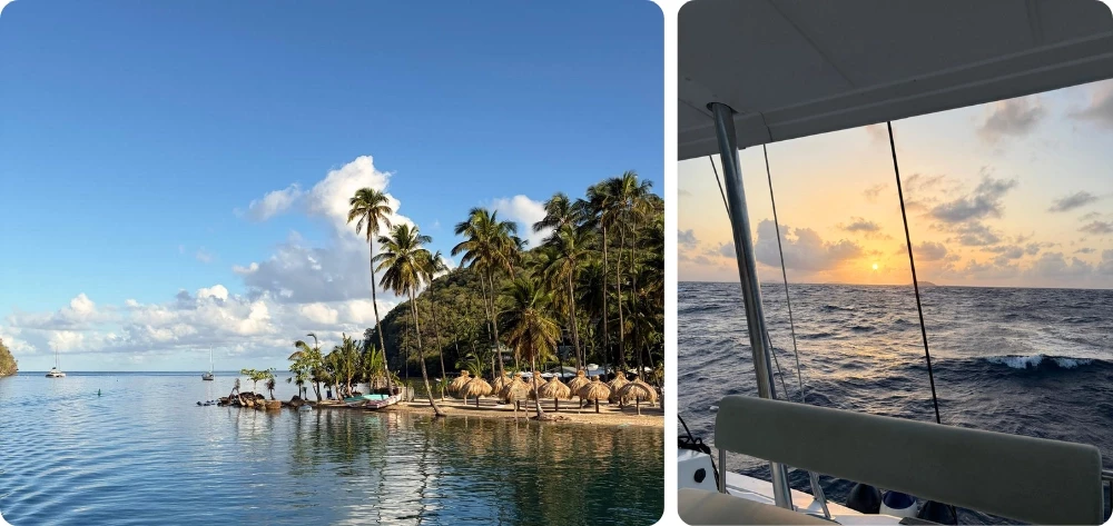Souvenirs d'une croisière dans les Grenadines : plage de cocotiers et parasols sur une île des Caraïbes, et coucher de soleil sur la mer vu depuis le pont du catamaran