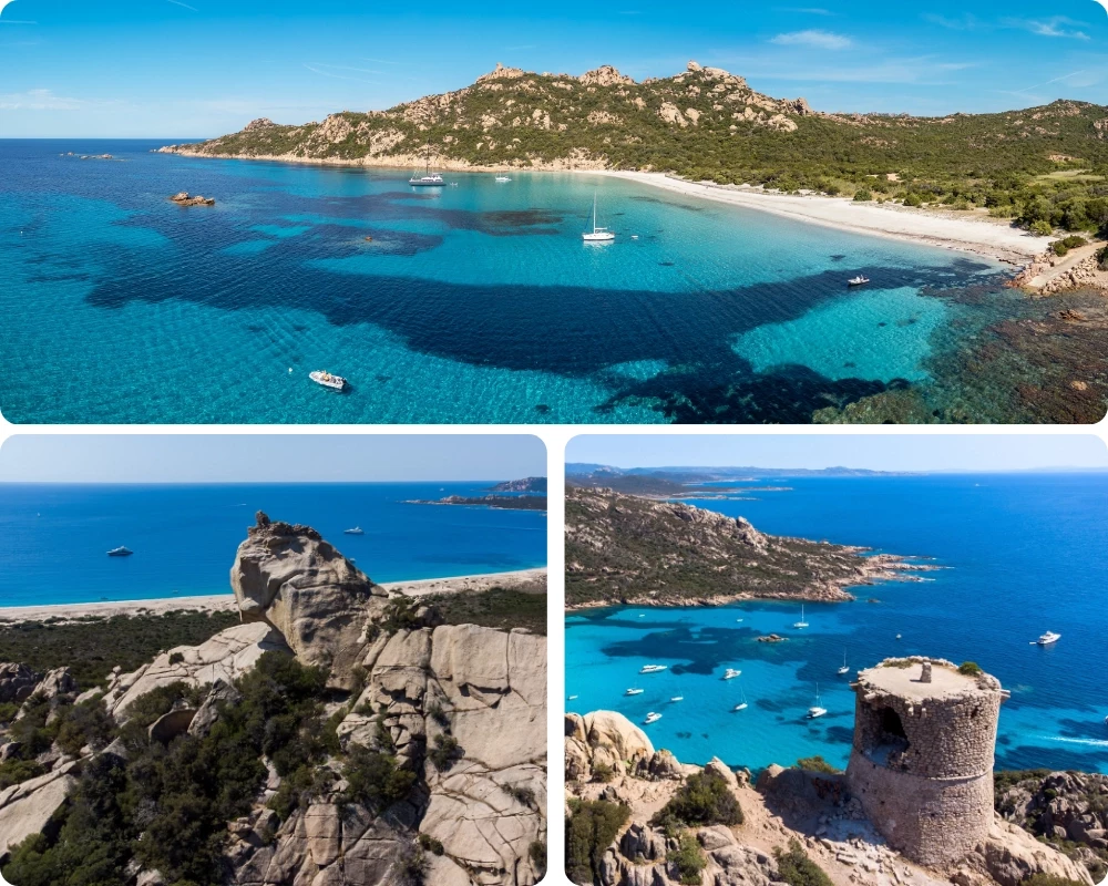 la baie de Roccapina en Corse du sud, son lion de pierre et sa tour génoise au-dessus d'une eau turquoise