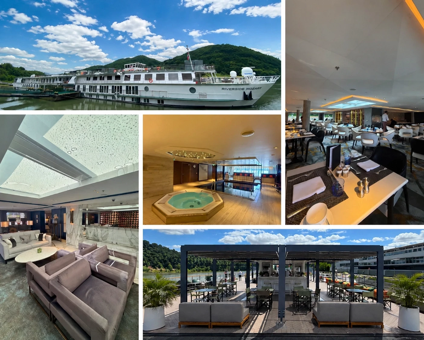 Mosa&iuml;que photo du Riverside Mozart lors d'une croisi&egrave;re sur le Danube : le navire fluvial amarr&eacute; devant les collines autrichiennes, son pont soleil ext&eacute;rieur, le spa avec jacuzzi, l'un des restaurants &agrave; bord et un salon commun aux fauteuils confortables