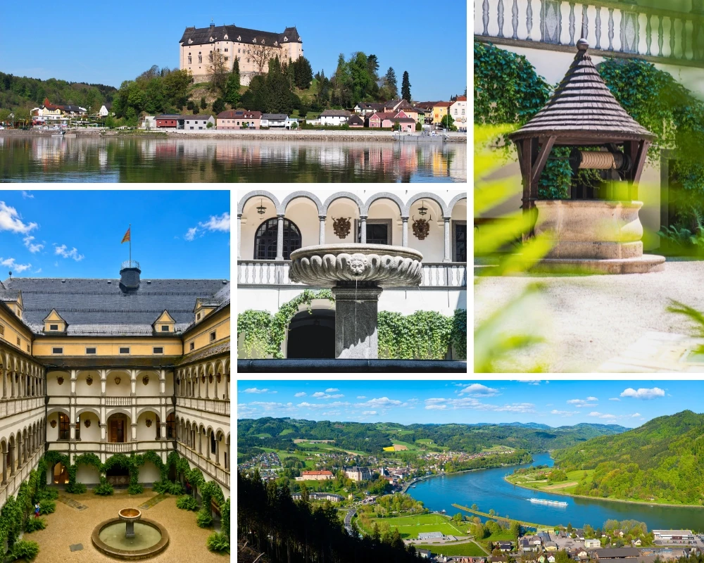 Excursion &agrave; Grein lors d'une croisi&egrave;re sur le Danube : le ch&acirc;teau de Greinburg dominant la ville au bord du fleuve, sa cour int&eacute;rieure Renaissance &agrave; arcades, sa fontaine sculpt&eacute;e et son puits couvert, et vue panoramique sur le Danube et la vall&eacute;e verdoyante