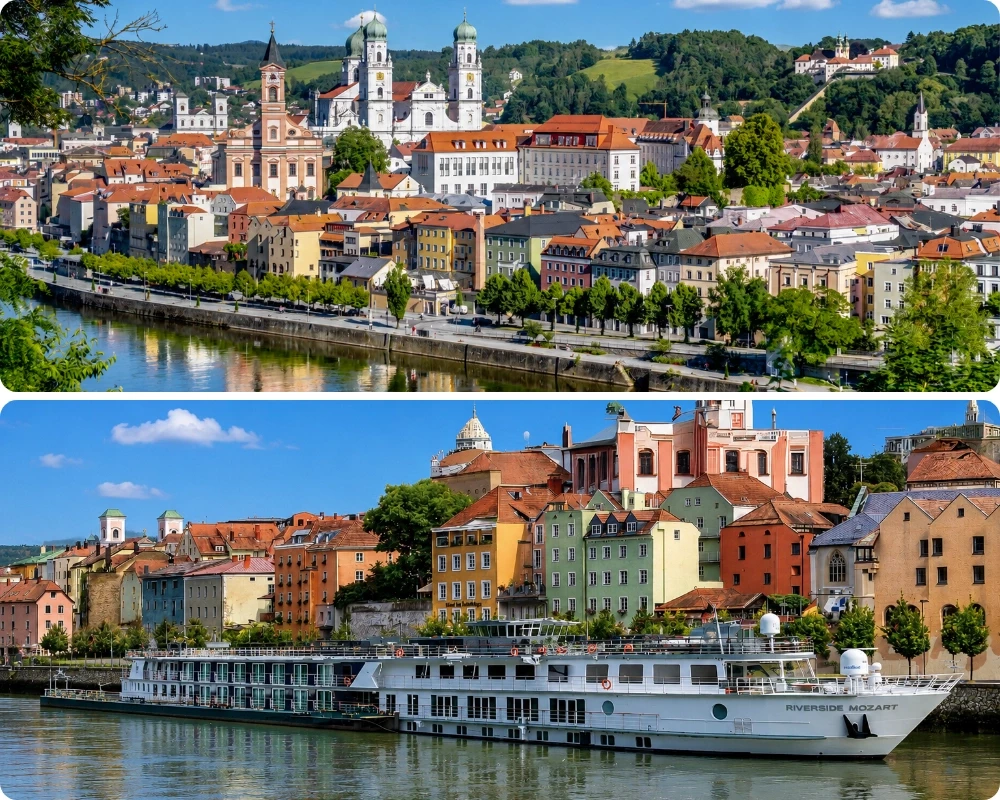 Passau, point de d&eacute;part de la croisi&egrave;re sur le Danube : vue sur la vieille ville bavaroise et la cath&eacute;drale Saint-&Eacute;tienne aux d&ocirc;mes verts, et le navire fluvial Riverside Mozart amarr&eacute; devant les fa&ccedil;ades color&eacute;es au bord de l'eau