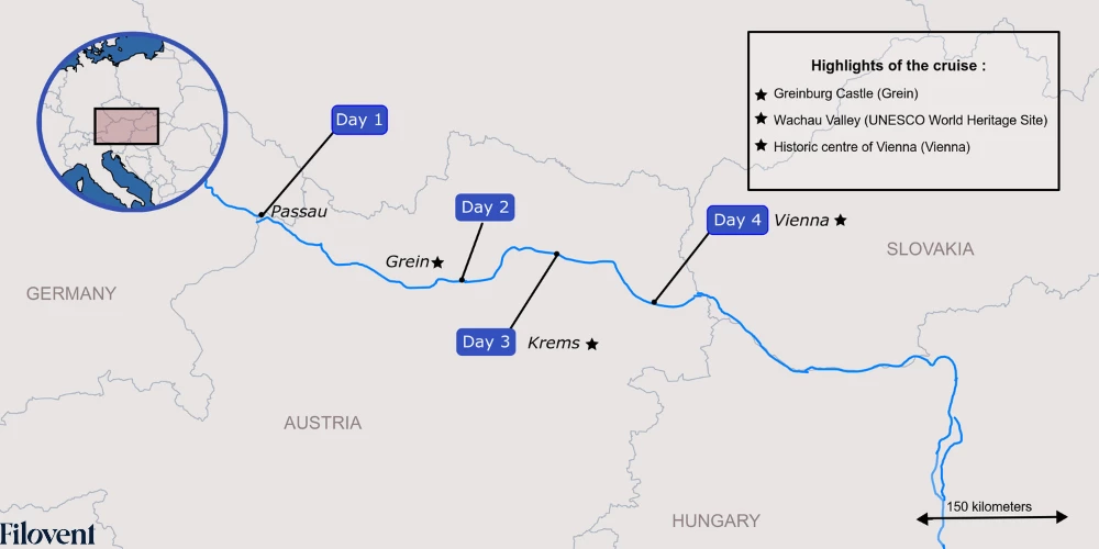 Carte de la croisi&egrave;re de 4 jours sur le Danube de Passau &agrave; Vienne : d&eacute;part de Passau en Allemagne (Jour 1), Grein et son ch&acirc;teau de Greinburg (Jour 2), Krems et la vall&eacute;e de la Wachau class&eacute;e UNESCO (Jour 3), arriv&eacute;e &agrave; Vienne et son centre historique (Jour 4), &agrave; travers l'Autriche