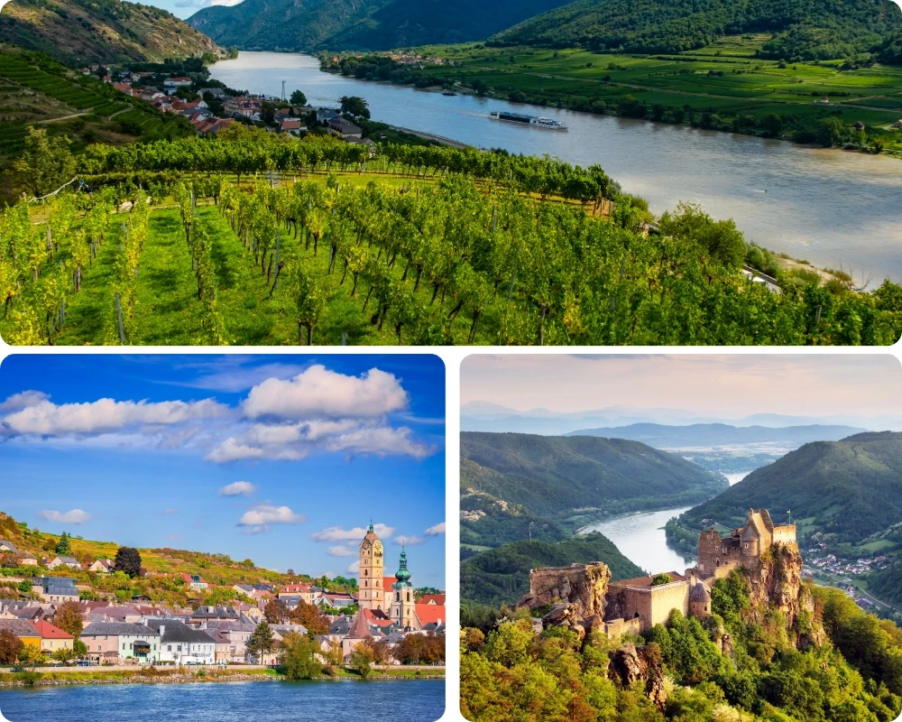 Navigation dans la vall&eacute;e de la Wachau lors d'une croisi&egrave;re sur le Danube : vignobles en terrasses descendant vers le fleuve avec un bateau fluvial, la ville de Krems et son clocher au bord de l'eau, et les ruines d'un ch&acirc;teau m&eacute;di&eacute;val surplombant le Danube
