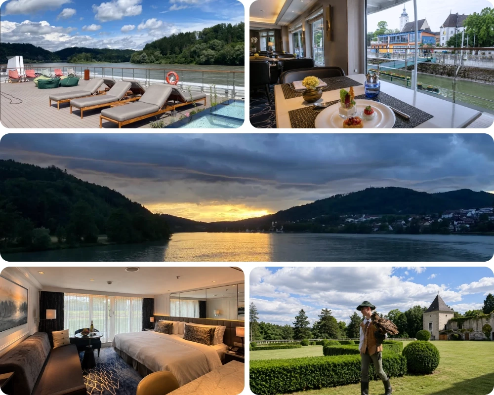 Souvenirs d'une croisi&egrave;re sur le Danube &agrave; bord du Riverside Mozart : transats sur le pont soleil face au fleuve, table dress&eacute;e d'un restaurant avec vue sur une escale, coucher de soleil sur les collines du Danube, suite confortable avec vue sur les berges, et jardins d'un ch&acirc;teau autrichien lors d'une excursion