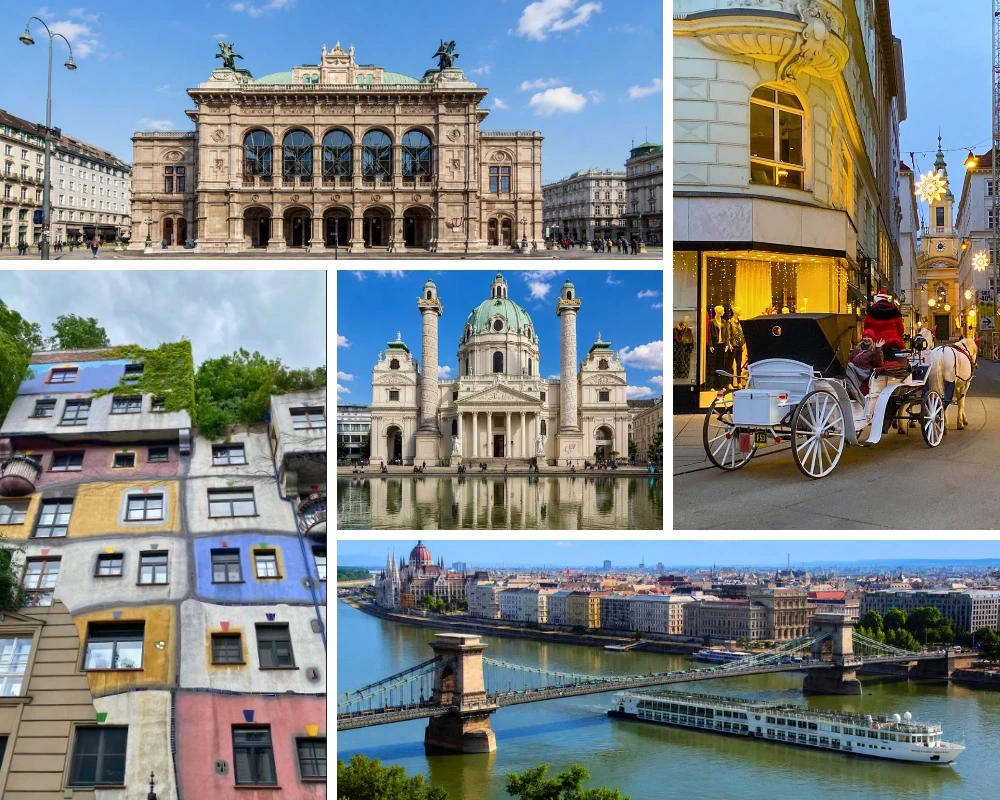 Visite de Vienne en fin de croisi&egrave;re sur le Danube : l'Op&eacute;ra national, l'&eacute;glise baroque Saint-Charles-Borrom&eacute;e et ses colonnes, les fa&ccedil;ades color&eacute;es de la maison Hundertwasser, un fiacre dans une rue illumin&eacute;e, et au loin Budapest avec le pont des Cha&icirc;nes et un bateau de croisi&egrave;re sur le fleuve