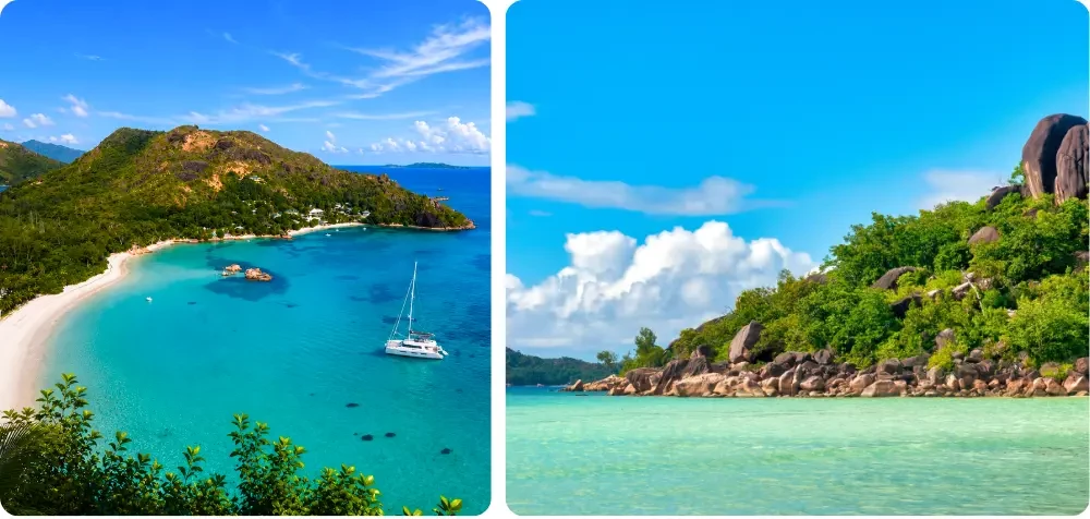 Montage montrant Anse Volbert à Praslin, avec une vue aérienne de la baie, une plage de sable blanc, des rochers de granit, une végétation tropicale et une eau turquoise aux Seychelles.