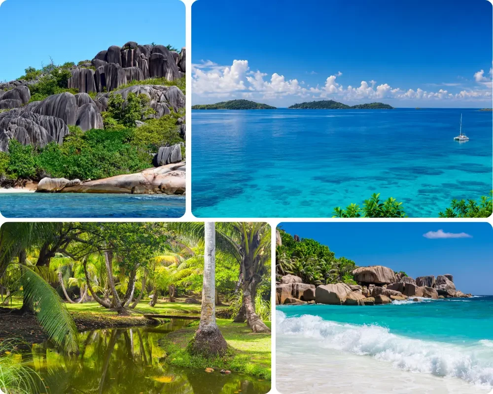 Montage de quatre vues de l'île de Grande Sœur, montrant ses rochers de granit, ses plages de sable blanc, sa végétation tropicale et son lagon turquoise aux Seychelles