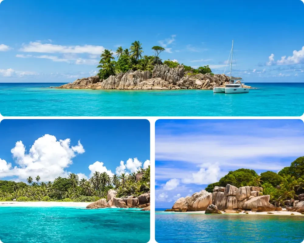 L'île de La Digue aux Seychelles avec ses célèbres rochers de granit, ses plages de sable blanc, ses eaux turquoise et un catamaran au mouillage dans un lagon tropical.