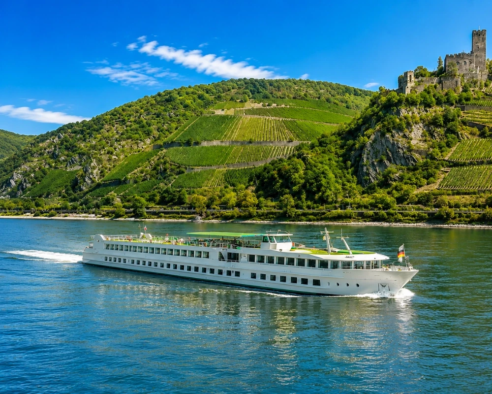 Bateau de croisi&egrave;re fluviale naviguant sur le Rhin devant des vignobles en terrasses et un ch&acirc;teau m&eacute;di&eacute;val perch&eacute; sur une colline, sous un ciel bleu d&eacute;gag&eacute; par une journ&eacute;e ensoleill&eacute;e.
