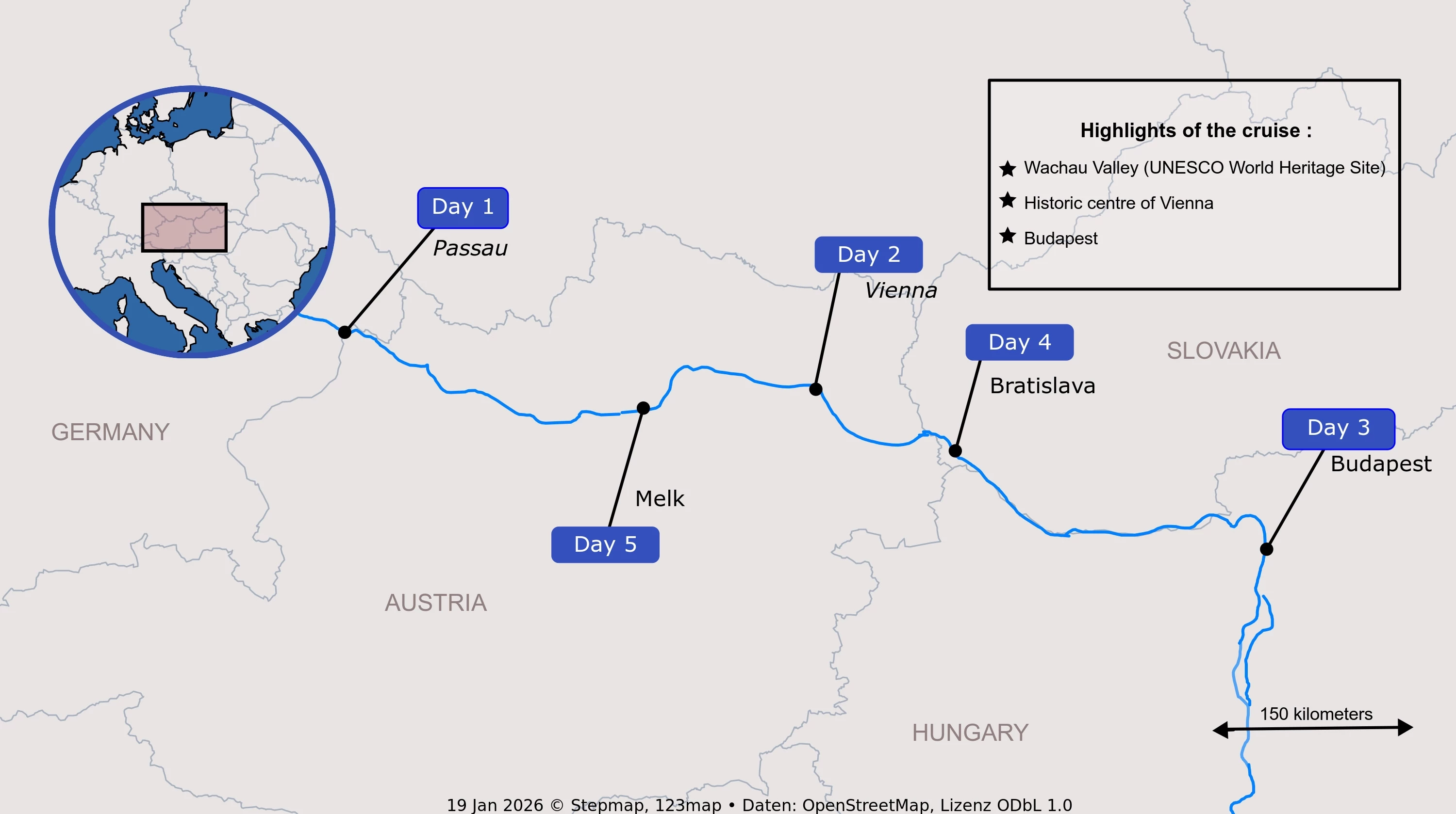 Carte de l'itinéraire du voyage sur le Danube