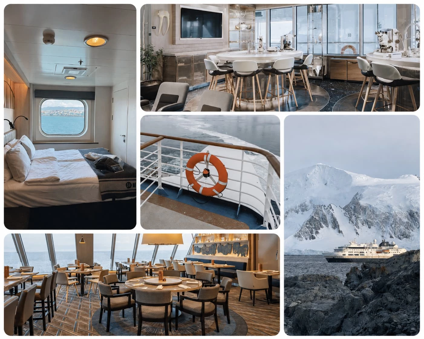 images de cabines, salle de repas et extérieur du bateau de croisière
