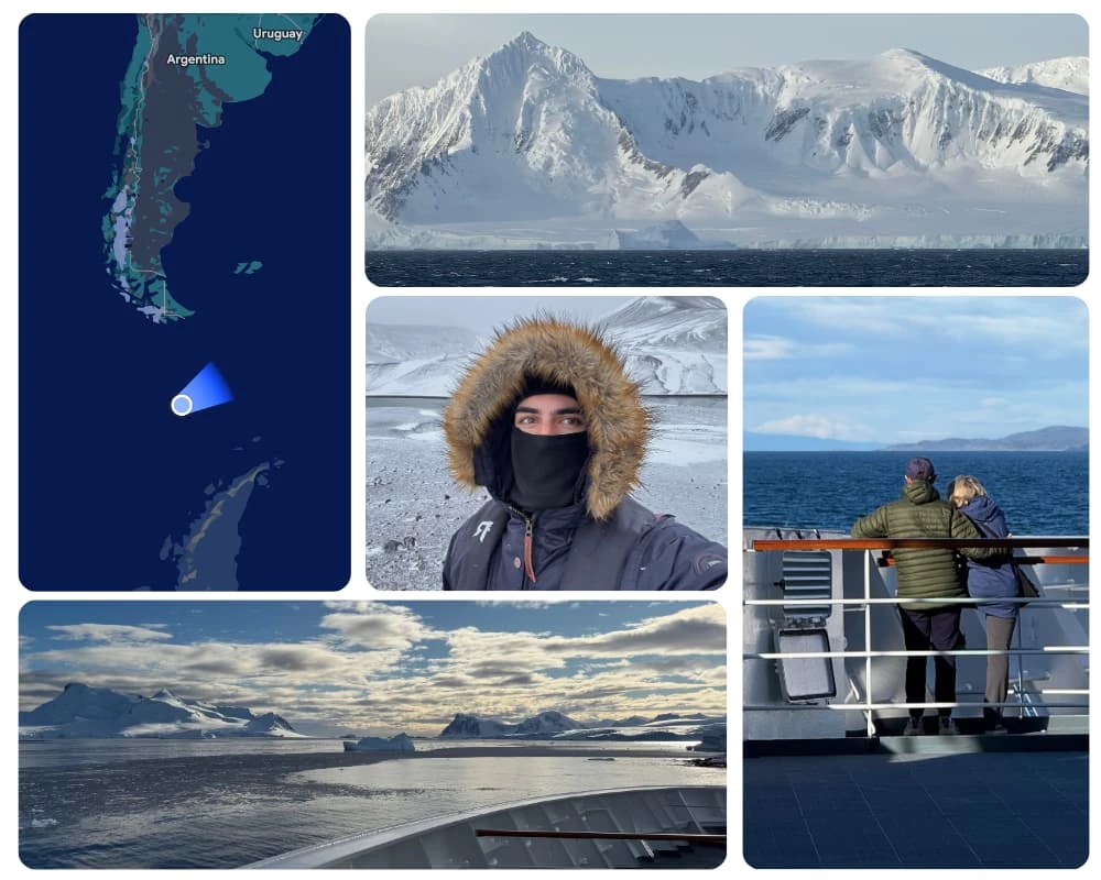 photos des passagers du bateau, de la localisation sur une carte et du paysage observé