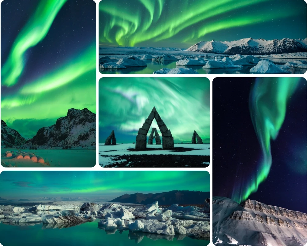 Photomontage d'aurores boréales sur des fermes typiques d'Islande