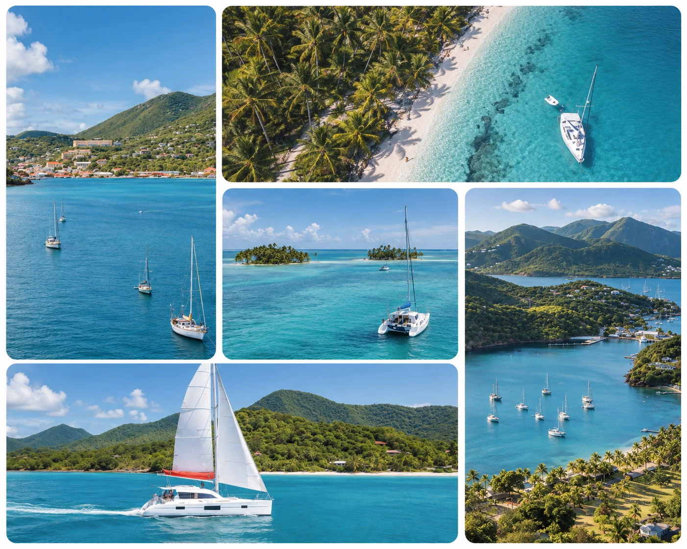 Montage de voiliers et catamarans naviguant entre plages tropicales, lagons turquoise et îles verdoyantes des Caraïbes.