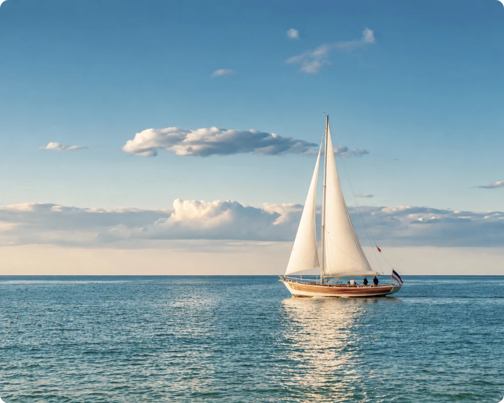 Voilier traditionnel naviguant sur une mer calme sous un ciel bleu.