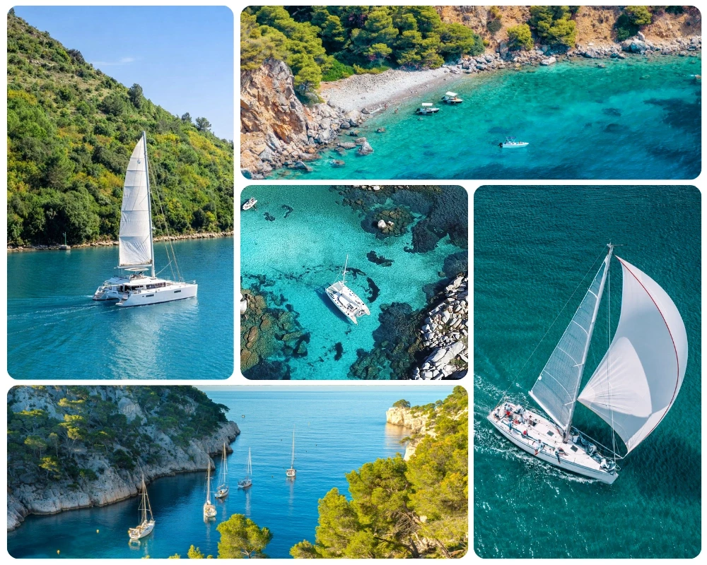 Montage de voiliers et catamarans naviguant dans des criques aux eaux turquoise en Croatie.
