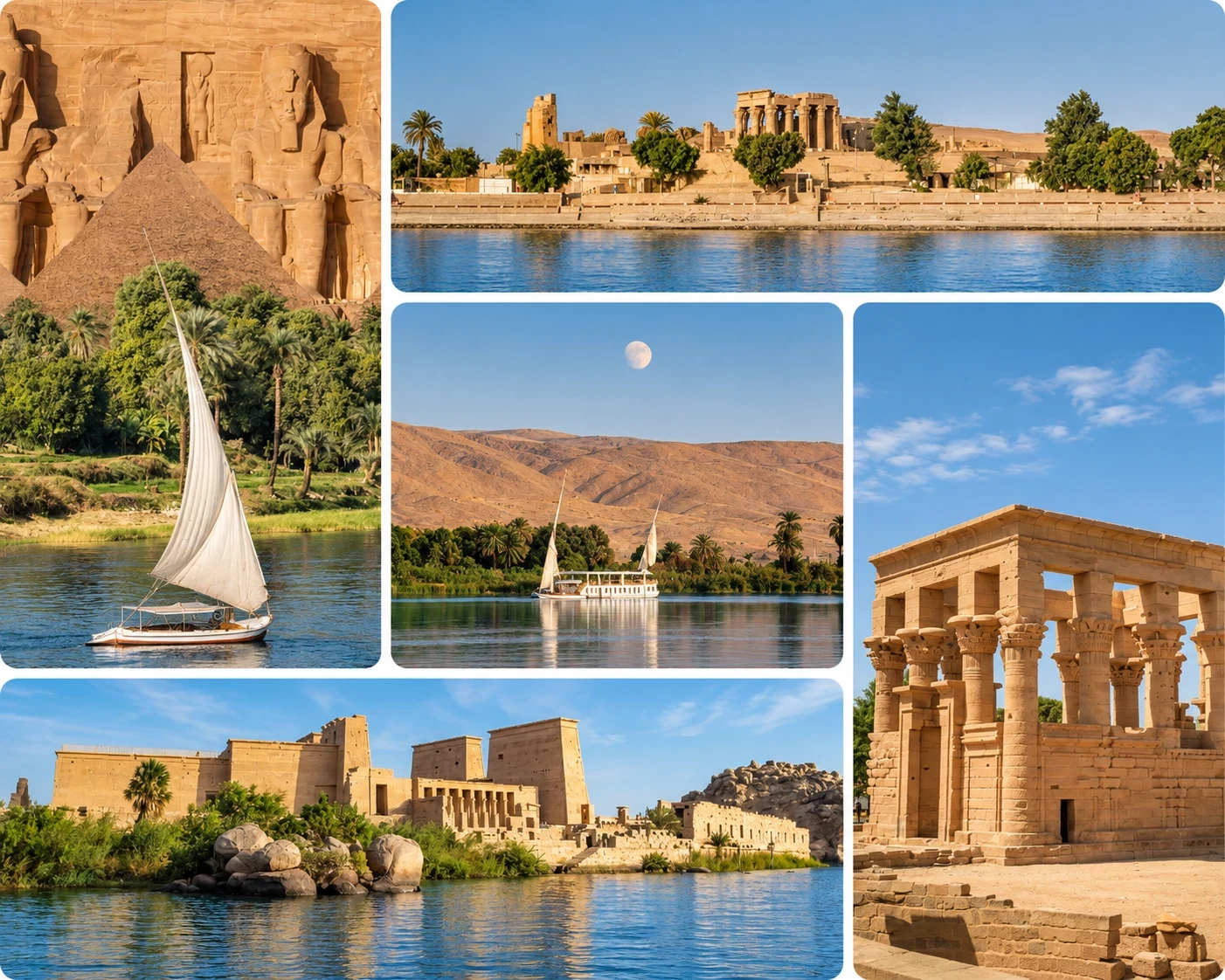Mozaïque de temples égyptiens et de dahabiyas